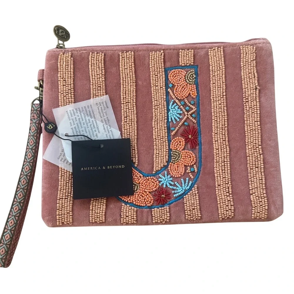 America & Beyond  Mauve Velvet Beaded Initial J Floral Wristlet Clutch NWT 8x10